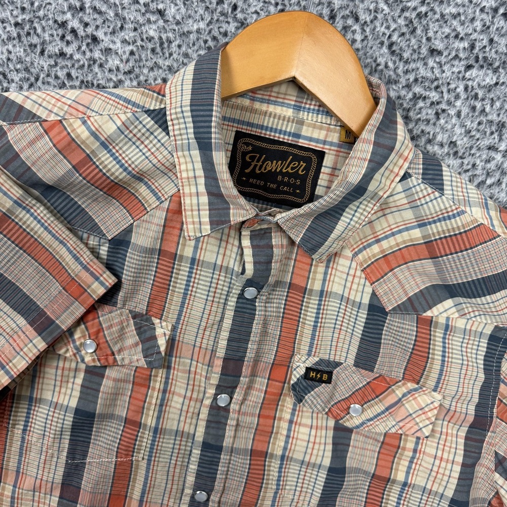 Howler Bros Brothers Shirt Mens Medium Orange Plaid Snap Button Western Casual